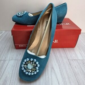 Bellini Osaka Teal‎ Jeweled Pumps SZ 9M Suede Leather Upper Low Heel New in Box